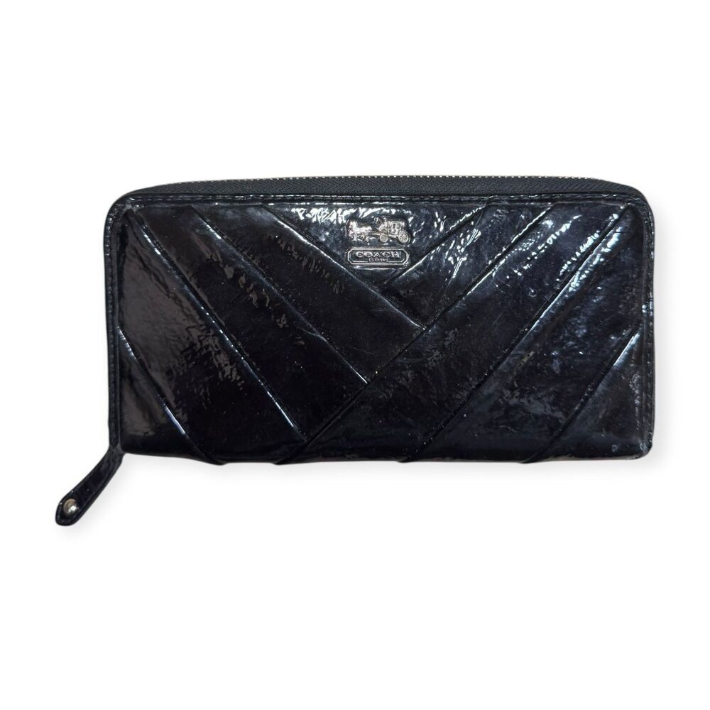 Coach‎ Black Wallet Pleated Patent Leather Accordion Zip Around Diagonal VTG